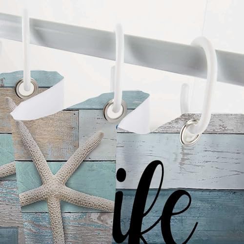 Beach Shower Curtain, Rustic Vintage Wood Ocean Quote Words Summer Fabric Decor Bath Curtain, Nautical Coastal Starfish Theme Bathroom Curtain Accessories with Hooks 36X72in