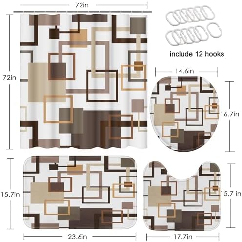 Bathroom Sets with Shower Curtain and Rugs, 4 Pcs, Geometric Brown