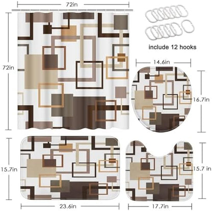 Bathroom Sets with Shower Curtain and Rugs, 4 Pcs, Geometric Brown