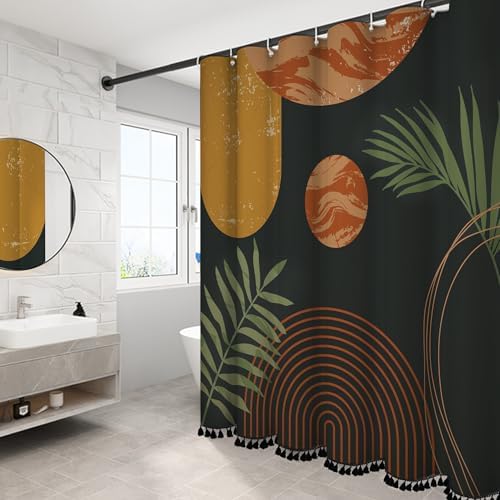 Boho Mid Century Leaf Shower Curtain Set,Arch Sun Design,Minimalistic Leaves Pattern,Waterproof and Luxurious Fabric-12 Hooks(Coffee Brown-72" x 96")