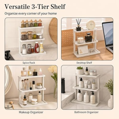 PEKER Bamboo Bathroom Organizer Countertop – Vanity Storage Shelf for Makeup, Perfume, Skincare – Natural Cosmetics Display Rack for Dresser, Sink, Kitchen – White