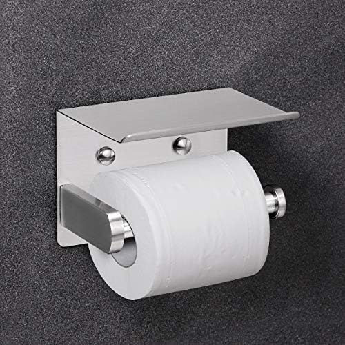 VAEHOLD Self Adhesive Toilet Paper Holder with Phone Shelf Stainless Steel Wall Mounted Toilet Paper Roll Holder - Rustproof and Bathroom Washroom Tissue Roll Holder with Storage Shelf - Silver