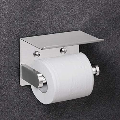 VAEHOLD Self Adhesive Toilet Paper Holder with Phone Shelf Stainless Steel Wall Mounted Toilet Paper Roll Holder - Rustproof and Bathroom Washroom Tissue Roll Holder with Storage Shelf - Silver