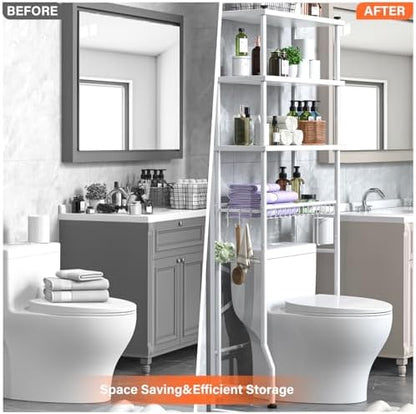Over the Toilet Storage shelf, 4-Tier Bathroom Organizer Rack, Easy To Install with Adjustable Feet Pad and Basket Freestanding Bathroom Shelves Above Toilet, Space Saver Toilet Storage Cabinet(White)