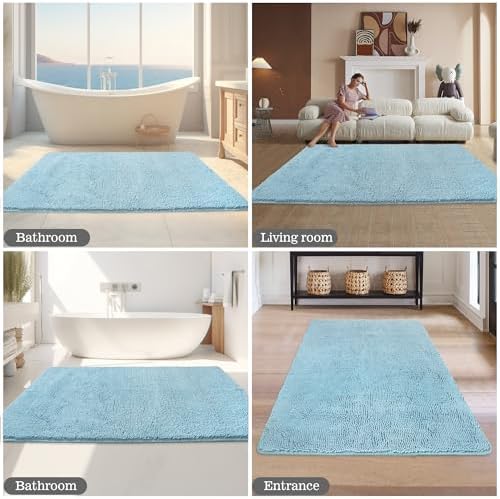 Yeaban Chenille Baby Blue Bathroom Rug 36"x60",Non-Slip Rubber Backing