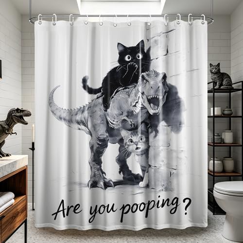 Extra Tall Shower Curtain XL Cat Riding Dinosaur, 70 x 84 Inchs