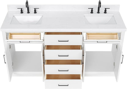 DKB Isabella 66" White Double Bathroom Vanity with 1.5" Carrara Quartz Countertop, Double Rectangular Undermount Sinks, 4 Soft Closing Doors, 6 Dovetail Drawers