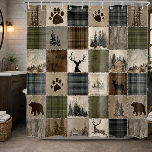 Rustic Cabin Forest Shower Curtain for Bathroom, Wild Animal Bear and Deer Brown Vintage Plaid Patchwork Shower Curtain Set Country Bathroom Decor Accessories with Hooks, 72W X 72L inches