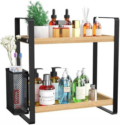 LEMIKKLE 2-Tier Wood Bathroom Counter Organizer with Basket,Waterproof Vanity Perfume Skincare Storage for Bathroom, Kitchen, Dresser