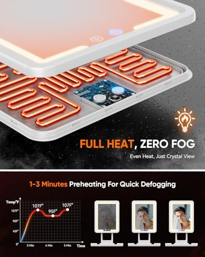 Heated Shower Mirror Fogless for Shaving (Gen 3) - 3 Colors Stepless Dimmable Lights, Anti-Fog Shaving Mirror with Razor Holder, No-Drilling, Removable - White