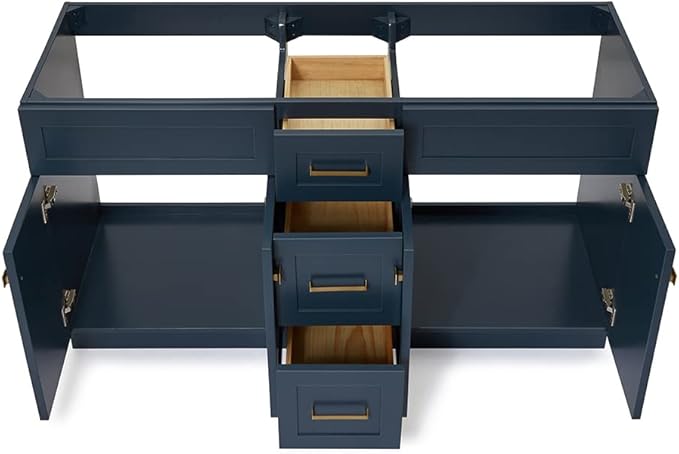ARIEL Hamlet 60-inch Bathroom Vanity Base Cabinet,Solid Wood, 4 Soft Closing Doors, 3 Dovetail Drawers, Satin Brass, Midnight Blue