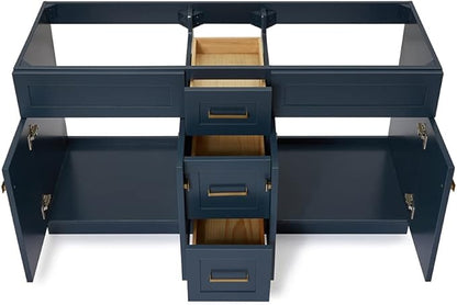 ARIEL Hamlet 60-inch Bathroom Vanity Base Cabinet,Solid Wood, 4 Soft Closing Doors, 3 Dovetail Drawers, Satin Brass, Midnight Blue