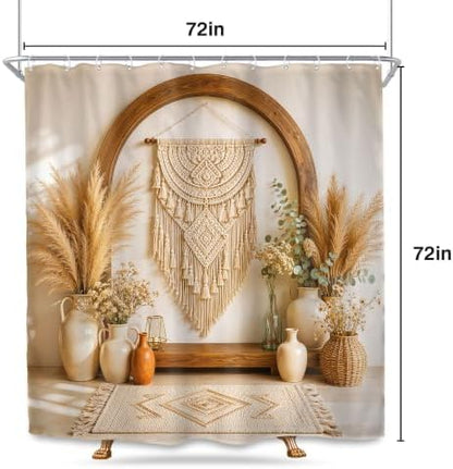Boho Shower Curtain 72x72 Bohemian Style Pampas Grass Beige Bathroom Decor