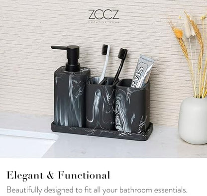 ZCCZ Bathroom Accessory Sets, 4 Pieces Bathroom Accessories Complete Set Vanity Countertop Accessory Set, Includes Lotion Dispenser Soap Pump, Tumbler, Toothbrush Holder and Tray (Black Marble Look)