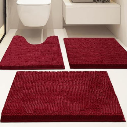 Bathroom Rugs Sets 3 Piece Non Slip,Bath Rugs with PVC Backing Bath Carpet,Bathroom Rug Washable,Absorbent,Plush Carpet Mats,Bath Mats for Bedroom, Kitchen,Tub,Home Decor(Burgundy)