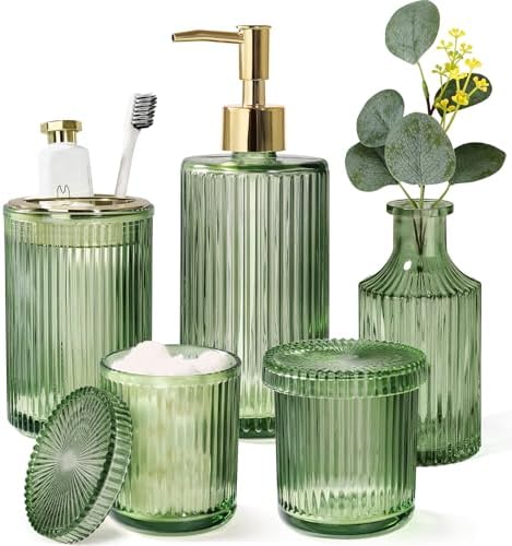 Green Bathroom Accessories 5 Pcs, Glass Bathroom Accessory Set, Vintage Green Bathroom Set, Sage Green Soap Dispenser and Toothbrush Holder Set, Qtip Holder, Small Flower Vase, Modern Bathroom Decor