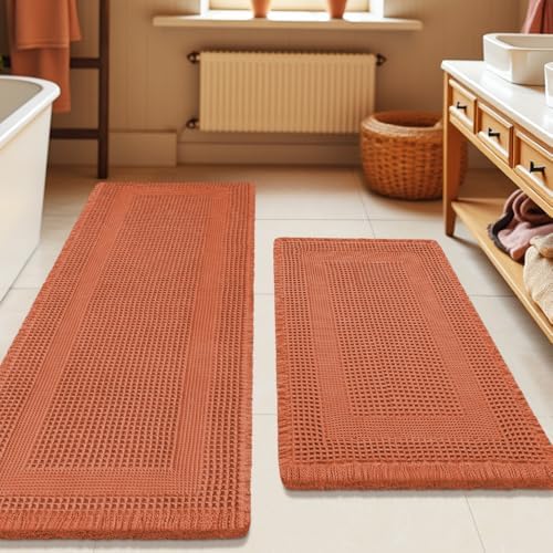 Upgrade Waffle Bath Mat Set 2 Piece, Boho Bathroom Rugs Absorbent Non Slip, Ultra Soft Bathroom Mat, Machine Washable Knit Bath Rugs with Tassels for Bathroom, Bedroom, Kitchen, Shower, Burnt Orange