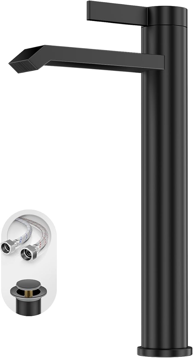 Phiestina Single Hole Matte Black Tall Bathroom Vessel Sink Faucet,Single Handle Waterfall Above Counter Sink Sink Faucet with Metal Pop Up Drain Without Overflow and Water Supply Line,FH04-MB-V