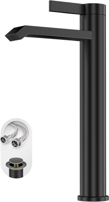 Phiestina Single Hole Matte Black Tall Bathroom Vessel Sink Faucet,Single Handle Waterfall Above Counter Sink Sink Faucet with Metal Pop Up Drain Without Overflow and Water Supply Line,FH04-MB-V