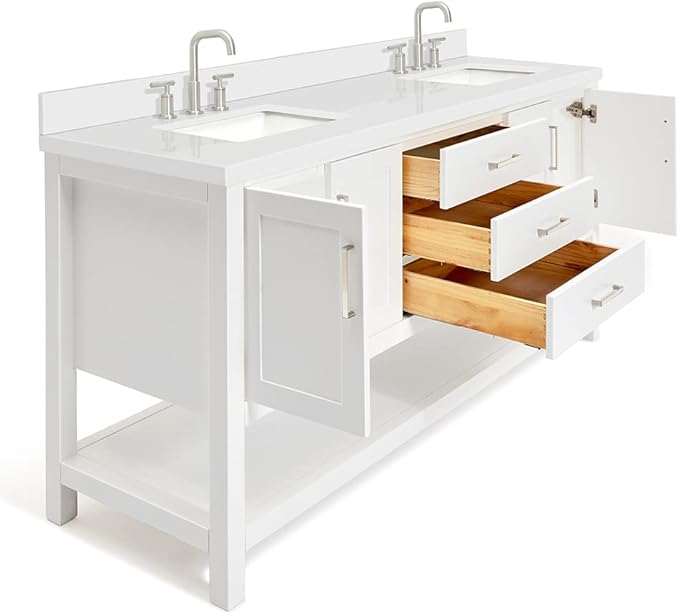 ARIEL Magnolia 72-inch Bathroom Vanity with Sink,Solid Wood, 1.5-inch Pure White Quartz Countertop & Backsplash, Double Rectangular Porcelain Sink, 4 Soft Closing Doors, 3 Dovetail Drawers, White