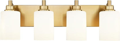 4-Light Bathroom Light Fixtures, 24.5 Inch Brushed Gold Vanity Light with Cylinder Milk White Glass Shade, Modern Vanity Lighting Fixtures Over Mirror, VL143-BG-ML-4