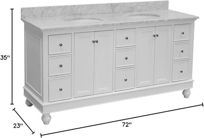 Bella 72-inch Double Bathroom Vanity (White/Carrara): Includes White Cabinet with Authentic Italian Carrara Marble Countertop and White Ceramic Sinks