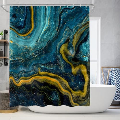 Nkzply 4 Pcs Teal Blue Marble Shower Curtain Set Turquoise Bathroom Sets with Shower Curtain and Rugs Gold Modern Abstract Bathroom Decor Accessories Bathroom Rugs Toilet Lid Cover with Hooks