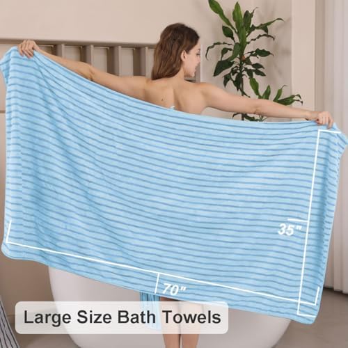 8 Pcs Blue Cabana Stripe Bath Sheet Set Oversized Bath Towel-2 Bathroom Sheets,2 Hand Towels,4 Washcloths Soft Jumbo Towels Absorbent Shower Towel Quick Dry Beach Chair Towel Spa Gym Hotel Towels