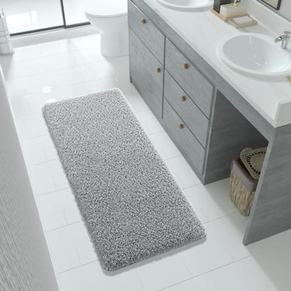 Yimobra Fluffy Plush Bath Rug, Super Shaggy Soft Comfortable Non Slip, Water Absorbent Microfiber Bath Mat, Dries Quickly, Machine Washable Thick Bathroom Rugs for Shower, 56" X 24", Pure Gray