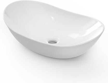 KES 20" x 13" Oval Vessel Sink for Bathroom Vanity Countertop, Glossy White Ceramic Bathroom Sink Bowl Above Counter, Boat Shape, Modern Look, Crafted to Endure, BVS139