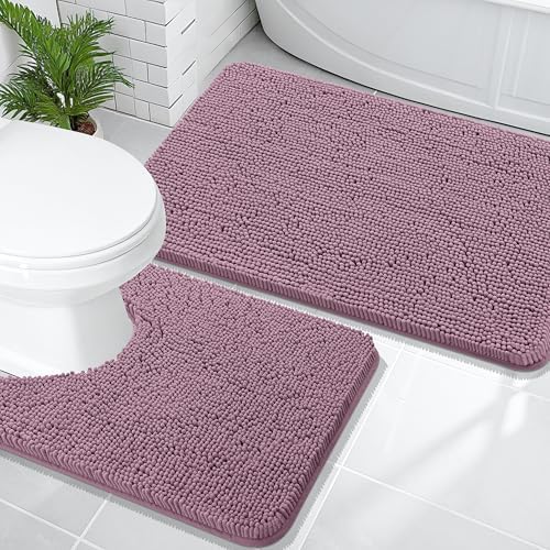 OLANLY Chenille Bathroom Rugs Mats Sets 2 Piece, 36"x24"+24"x20", Deep Plum