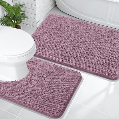 OLANLY Chenille Bathroom Rugs Mats Sets 2 Piece, 36"x24"+24"x20", Deep Plum