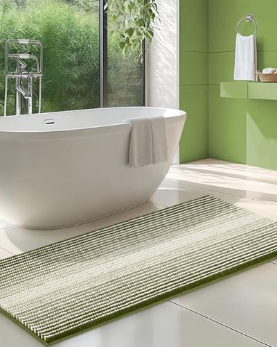 BSICPRO Large Chenille Bathroom Rugs Runner, 20x47 Striped Bath Mats, Sage
