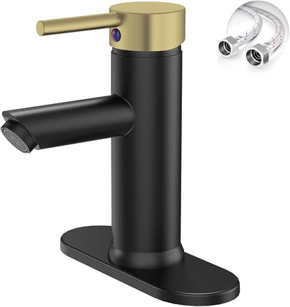 Bathroom Faucet for 1 or 3 Holes, Brass, Black and Gold | Single Handle Bathroom Sink Faucets, Modern Commercial Lavatory Vanity Faucet, with Deck Plate and Supply Line, No Drain