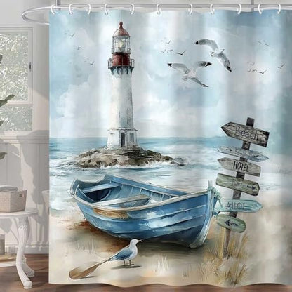 Nautical Coastal Shower Curtain, Ocean Beach Lighthouse Shower Curtain, Blue Teal Seasides Sailboat Bathroom Accessories Fabric Waterproof with Hooks,60X70in
