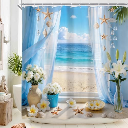 Ocean Coastal Blue Sea Fish Beach Floral Beachy Bathroom Shower Curtain Set