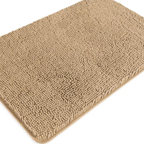 Beige Bathroom Rugs – Absorbent and Washable Bath Mat, Non-Slip, Thick Soft Chenille Bath Rugs for Bathroom Floor, Shower, Sink - 24" x 36"