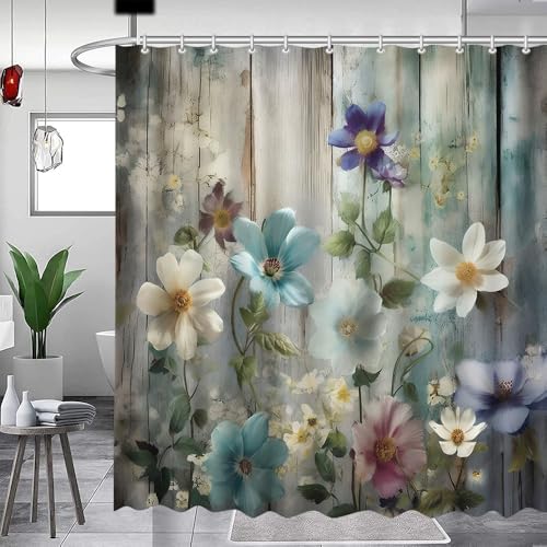 MEHOFOND Rustic Farmhouse Shower Curtain, Colorful Flowers Shower Curtains,Farm Teal Floral on Country Wooden Shower Curtain,Country Blue Wild Garden Plant Fabric Curtains for Bathroom 72x 72 inch