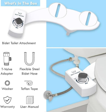 Butt Buddy - Bidet Toilet Seat Attachment & Fresh Water Sprayer (Easy to Install, Universal Fit, No Plumbing or Electricity Required | Self-Cleaning Nozzle, Adjustable Pressure Control, USA Stock)