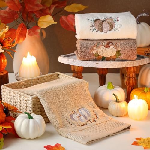 FuWeave 3 Pcs Brown White Fall Pumpkins Hand Towels for Bathroom
