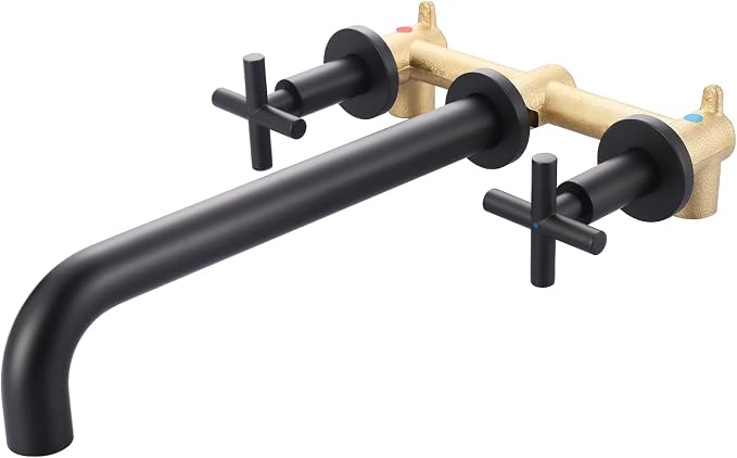 Wall Mount Tub Filler Matte Black, ARCORA Bathtub Faucet Long Spout Reach, 2 Cross Handles Wall Mounted Tub Faucet with Brass Rough in Valve Included