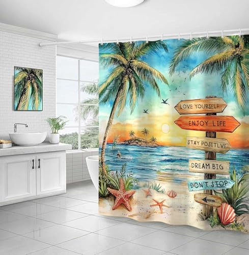Beach Shower Curtain for Bathroom,Tropical Palm Tree Coastal Nautical Ocean Quotes Inspirational, Sunset Scenery Shower Curtain Set with Hooks,60Wx70H