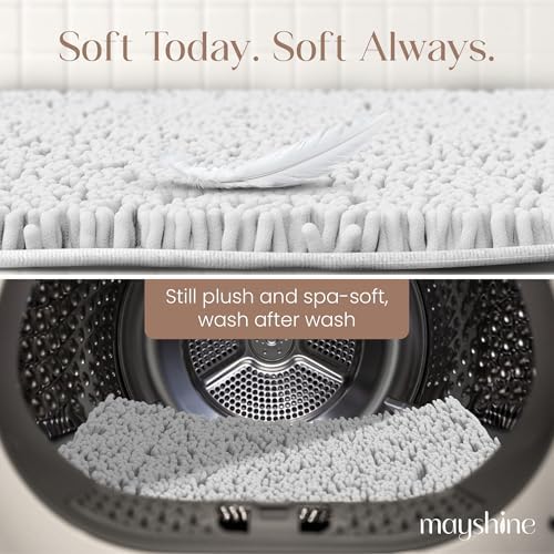 MAYSHINE Small Plush Shaggy Chenille Bath Mat, 23"x14"| Extra Soft, Super Absorbent, Non-Slip Bathroom Rug | Fluffy Microfiber, Area Rug Sets for Bathroom Floor, Kitchen, Living Room | White