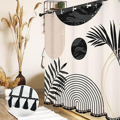 Boho Mid Century Leaf Shower Curtain Set,Arch Sun Design,Minimalistic Leaves Pattern,Waterproof and Luxurious Fabric-12 Hooks(Black and White-60" x 72")
