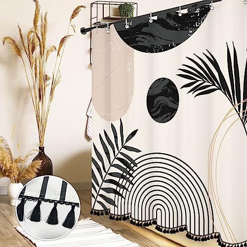 Boho Mid Century Leaf Shower Curtain Set,Arch Sun Design,Minimalistic Leaves Pattern,Waterproof and Luxurious Fabric-12 Hooks(Black and White-72" x 78")