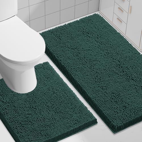 Smiry Chenille Bathroom Rugs Sets 2 Piece (30x20+ U Shape 24x20, Green)