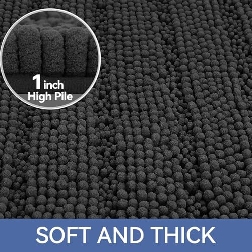Bcoimo Bath Rug Mat,36x24 Chenille Non Slip Black Bathroom Floor Shower Mat