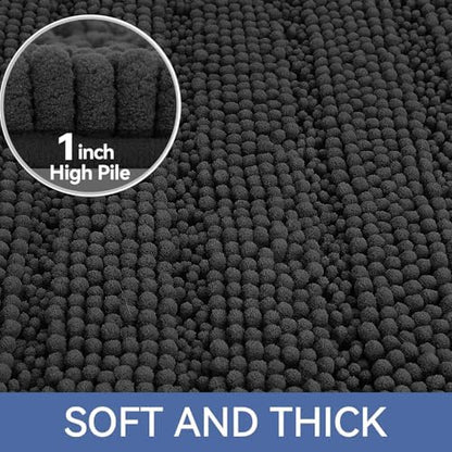 Bcoimo Bath Rug Mat, 70x24 Chenille Non Slip Black Long Bathroom Runner Rug