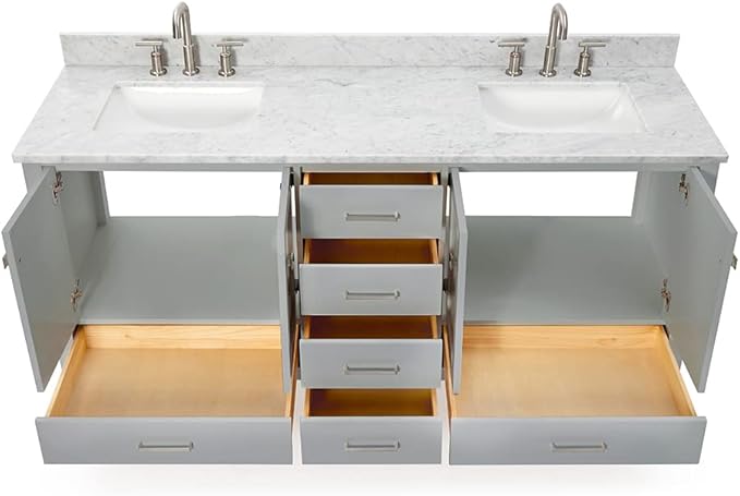 ARIEL Cambridge 72-inch Bathroom Vanity with Sink,Solid Wood, 0.75-inch Italian Carrara Marble Countertop, Double Rectangular Porcelain Sink, 4 Soft Closing Doors, 6 Dovetail Drawers, Grey