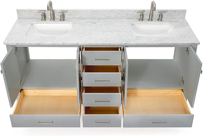 ARIEL Cambridge 72-inch Bathroom Vanity with Sink,Solid Wood, 0.75-inch Italian Carrara Marble Countertop, Double Rectangular Porcelain Sink, 4 Soft Closing Doors, 6 Dovetail Drawers, Grey